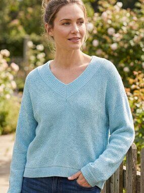 Cabi Frosty Pullover Sweater Light Blue V-Neck Shaker Knit Size L #4282